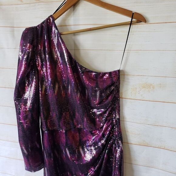 Misa Nova One Shoulder Long Sleeve Sequin Mini Dress Party New Year Lined Medium - Picture 7 of 11